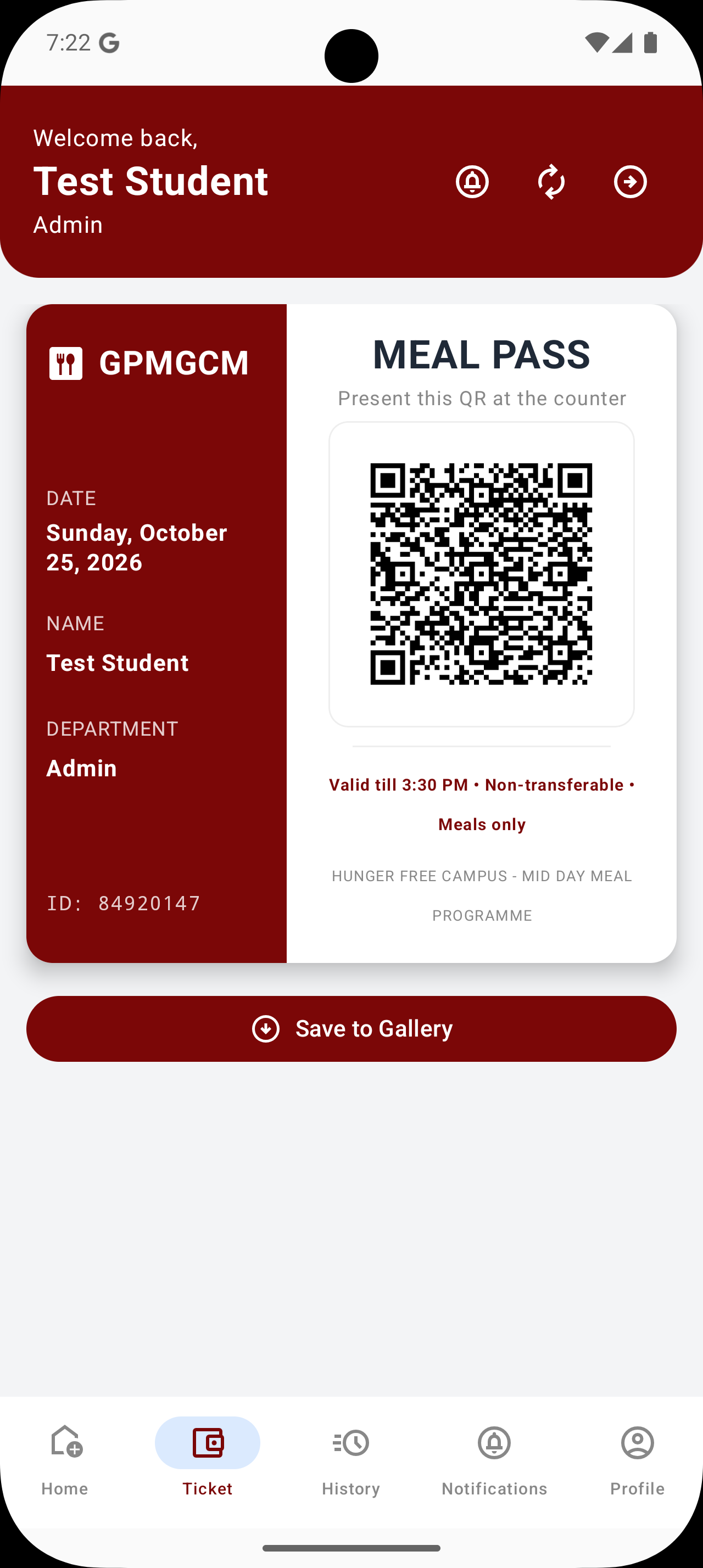 Digital Meal Ticket Pass